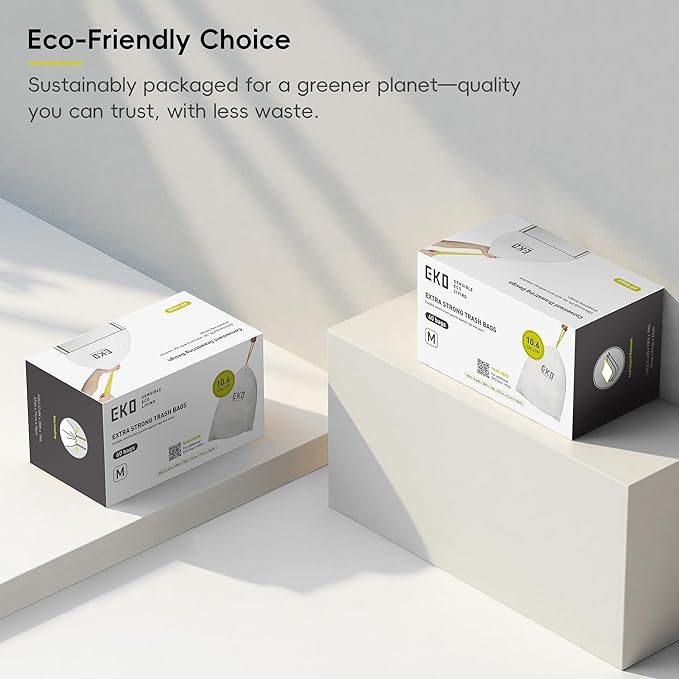 EKO 10.6 Gallon / 35–40 Liter Drawstring Trash Bags, 60 Count Heavy-Duty Tall Kitchen Garbage Can Liners, Extra-Strong Leak-Resistant, Unscented, White, Code M