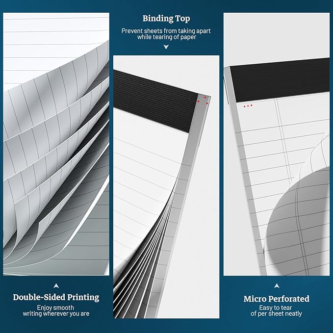 White Legal Note Pads 8.5 x 11, 12 Pack Writing Paper Note Pads 8.5x11, Micro Perforated Wide Ruled Lined Writing Pads 30 Sheets for Home Office School Work, Legal Notepads Double-Side Printed Per Pad