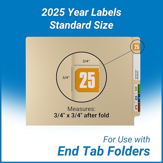 2025 Year Labels, Doctor Stuff 2025 Chart Stickers, Light Orange Color Coded, Safeguard Style, USA Made Year Stickers for End Tab File Folders, 500/Roll, 1 Roll, 3/4" x 1-1/2"