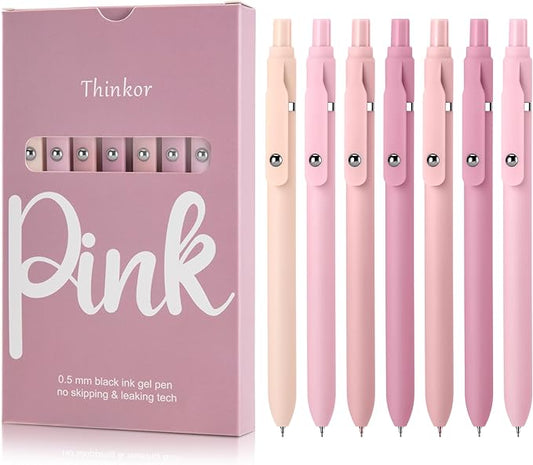 thinkor Pink Gel Pens Black Ink, 7 Pcs 0.5mm Quick Dry Fine Point Smooth Writing Pens, Cute Office School Supplies Gifts for Women