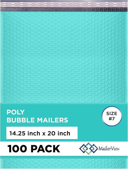 Teal Extra Large Poly Bubble Mailers 14.25x20 inch #7 | Self Seal Large Padded Envelopes | Air Cushioned Bubble Mailer | Usable Size 14.25x19 Lightweight Mailing Shipping Bags| 100 Pack Bulk