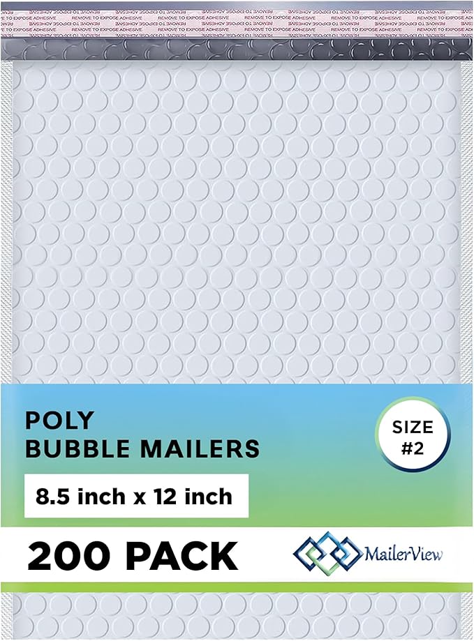 White Poly Bubble Mailers 8.5x12 inch #2 | Self Seal Padded Envelopes | Cushioned Bubble Mailer | Usable Size 8.5x11 | WaterProof | Lightweight mailing Shipping Bags | US Made | 200 Pack Bulk