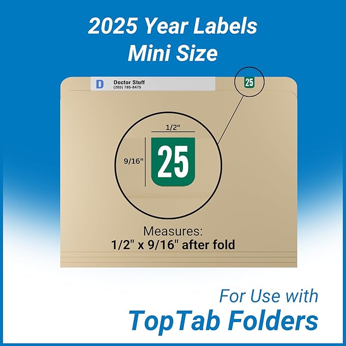 MINI 2025 Year Labels, Doctor Stuff 2025 Chart Stickers, Green Color Coded, Tab 1308 Style, USA Made Year Stickers for Top Tab File Folders, 500 Labels/Roll in a Dispenser Box, 1/2 x 1-1/8"