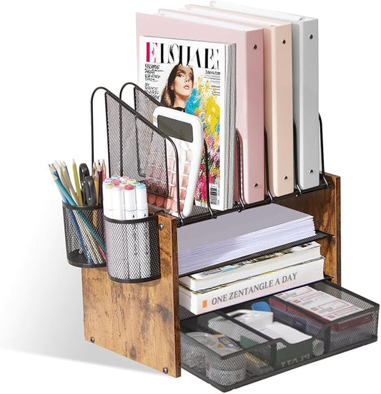 Y YOMA Mesh Desk Organizer with Drawer, 4-Tier Wood Desktop Organizer with 5 Vertical File Holders and 2 Pen Holders Office Desk Accessories for Home Dorm Classroom