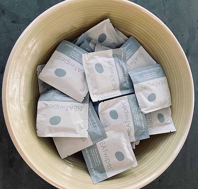 NEATwipes Hand Sanitizing Wipes | Travel Essentials | Disposable Wet Wipe & Planet Friendly | Lavender Essential Oil & Soothing Aloe | 10 Pouches of 24 Individually Wrapped Wipes