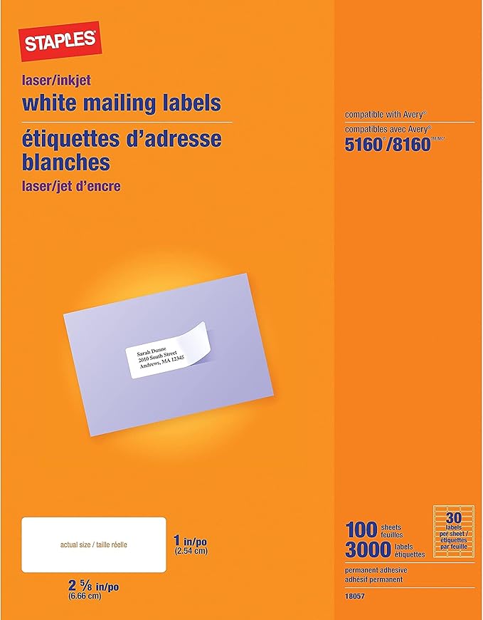 Staples Laser/Inkjet Address Labels, Easy-To-Peel Printable Sticker Paper, 1 x 2-5/8 Inch, 30 Labels Per Sheet, 100-Pack, White