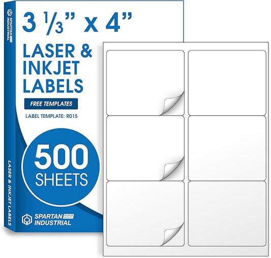 3 1/3" X 4" Matte White Shipping Labels Compatible with Inkjet and Laser Printers - 500 Sheets, 3000 Printable Stickers for Mailing, Product IDs, Organization - Spartan Industrial Template R015