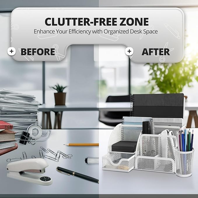 Flexzion Desk Caddy Organizer Set (White) - Metal Mesh Desktop Caddy with Drawers, 6 Compartments, and Pencil Holder for Women & Men - Desktop Organizer and Storage for Work or Office Supplies