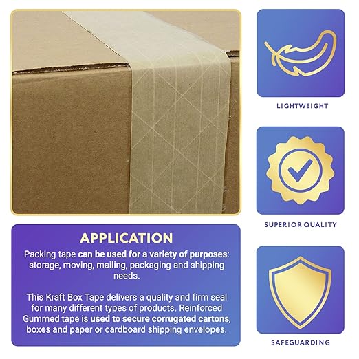 Pack of 8 Reinforced Water Activated Tapes 2.75" x 375'. Gummed Tape for Corrugated Cartons. Kraft Box Tap with Permanent Adhesion. Paper Tape for Packaging, Shipping, Mailing, Moving.