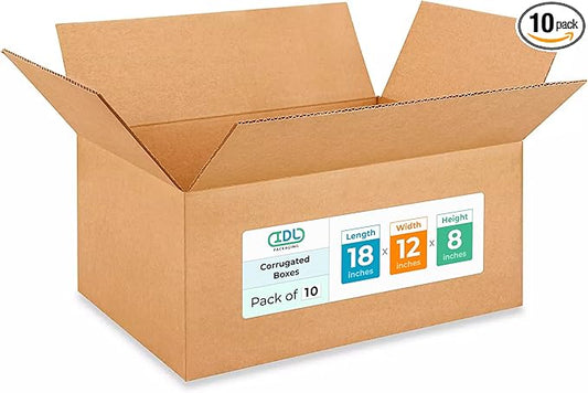 IDL Packaging - B-18128-10 Medium Corrugated Shipping Boxes 18"L x 12”W x 8"H (Pack of 10) - Prime Choice of Strong Packing Boxes for USPS, UPS, FedEx Shipping
