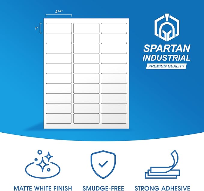 2 5/8" X 1" Matte White Printable Labels for Inkjet and Laser Printers - 500 Sheets, 15,000 Total Custom Stickers for Address Labels, Mailing, Barcodes - Spartan Industrial Template R007