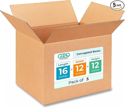 Medium Shipping & Moving Boxes 16 x 12 x 12 inches (5-Pack) - Extra Strength 200 lb vs Regular - Corrugated Boxes for Packaging Moving and Delivering - Box to Pack - Carton Box by IDL Packaging