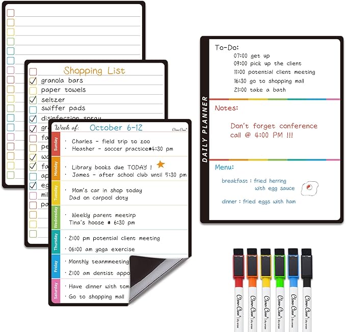 Magnetic Dry Erase List Board - 6.5"x8.5" Weekly, Daily, 2 List Boards for Fridge - 6 Extra Fine Point Markers Included - Shipped Flat