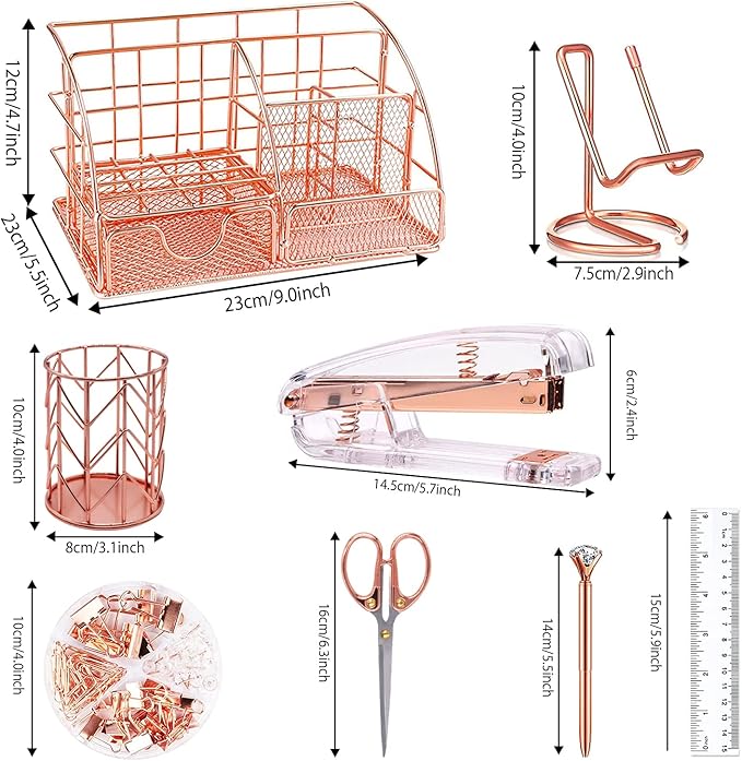 Rose Gold Desk Organizers and Accessories Office Supplies Set Stapler, Pen Holder, Phone Holder, Scissors, Pen, Ruler, 30 Paper Clips, 22 Binder Clip, 20 Tacks and 1000pcs Staples