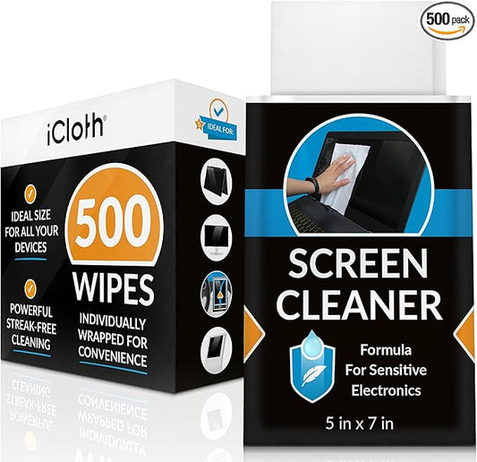 iCloth Large Screen Cleaning Wipes for Electronics, Lint-Free and Streak-Free, Fast-Drying, Removes Dust, Fingerprints, and Smudges (500 Wipes)