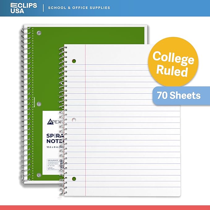 Spiral Notebook, College Ruled Notebooks, 70 Sheets, Single Subject, Notebooks Bulk, 6 Color Assortment, 3 Hole Perforated Sheets (12, College Ruled)