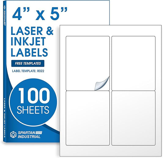 4" X 5" Matte White Printable Labels for Inkjet and Laser Printers - 100 Sheets, 400 Custom Stickers for Shipping Labels, Address Stickers, Organization - Spartan Industrial Template R022