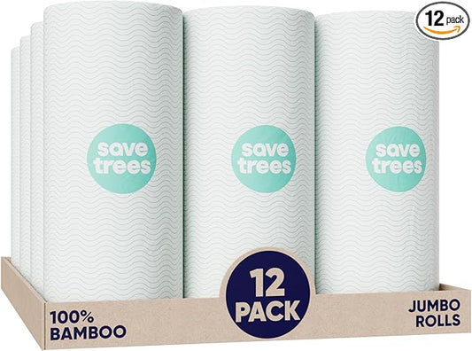 Save Trees Bamboo Paper Towels 12pk - 1800 Sheets Paper Towel Rolls Ultra Absorbent & Durable EcoTowels - FSC-Certified, Vegan Bamboo Kitchen Rolls