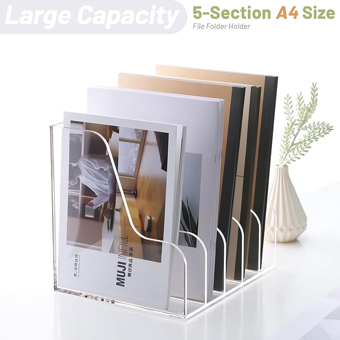 SANRUI Acrylic File Organizer, Compact Desk Organizer for Folders, Binders, Notebooks, Envelopes, Clear Magazine File Holder, 5 Section Bookshelf for School Home Office Organization, A4