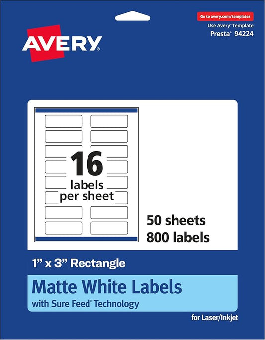 Avery Matte White Rectangle Labels, Sure Feed Technology, 1" x 3", 800 Matte White Printable Labels
