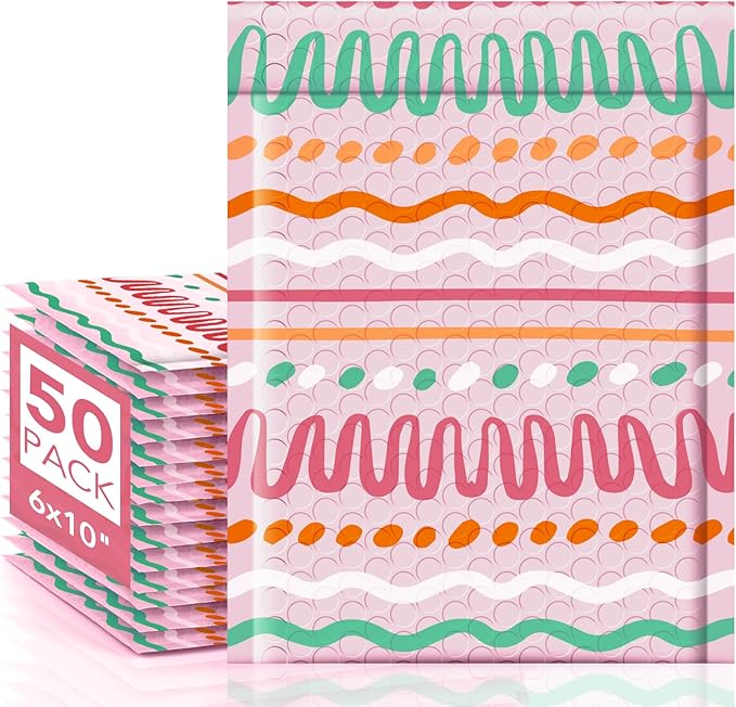 Metronic Bubble Mailers 6x10" 50 Pack Usable Size 6x9,Waterproof Mailing Padded Envelopes for Small Business,Cushioning Bubble Wrap Mailer Bags,Shipping Envelopes for Gift,Small Items Color Ribbon