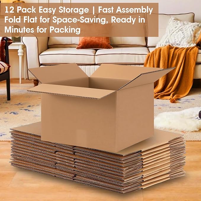 Double Wall Corrugated Cardboard Boxes with Handles for Moving(12 Pack), 20" x 15" x 20" Heavy Duty Large Packing Boxes Durable for Packing,Business,Storage (Large-Handle)