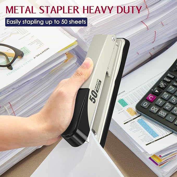 Metal Stapler Heavy Duty 50 Sheet Capacity with 1750 Staples and Staple Remover, Full Strip Staplers for Desk, No Jam, Non-Slip for Office & Classroom, White