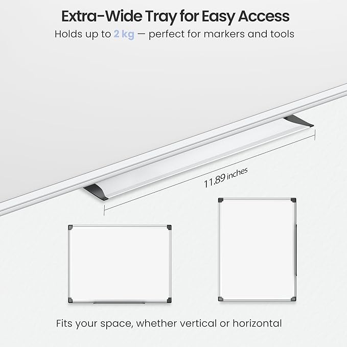 VUSIGN Magnetic White Board 24" x 18" for Wall, Dry Erase Board for Home Office, School, Study Room – Silver Aluminum Frame with 2 Markers, 4 Magnets & Eraser