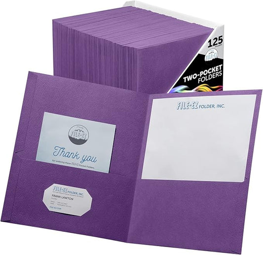 FILE-EZ Two-Pocket Folders, Purple, 125-Pack, Textured Paper, Letter Size (EZ-32445)