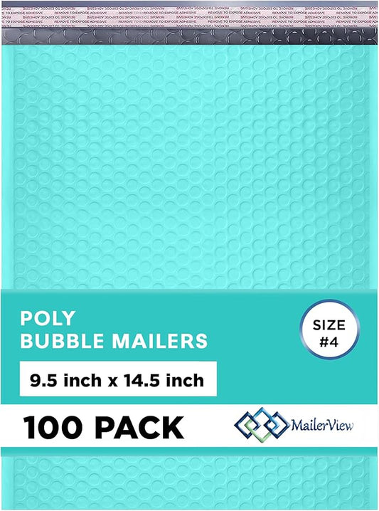 Teal Large Poly Bubble Mailers 9.5x14.5 inch #4 | Self Seal Padded Envelopes Cushioned Bubble Mailer | Usable Size 9.5x13.5 | WaterProof | Lightweight mailing Shipping Bags | 100 Pack Bulk