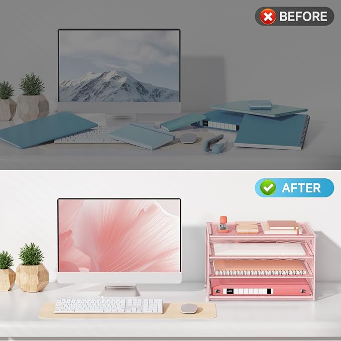 Lavatino 3-Tier Letter Tray Desk Organizer, Mesh Metal Paper File Tray Organizer for Desk, Office Supplies & Home Organization, Fits A4 Paper, Mail, Magazines & Office Accessories (Pink with Handle)