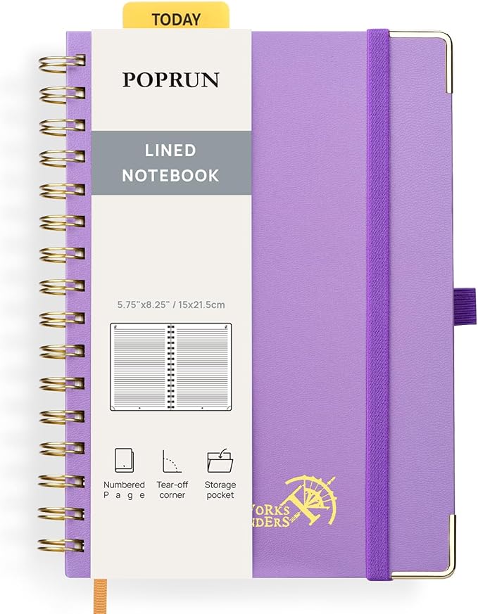 POPRUN Lined Spiral Journal Notebook, [A5-5.75'' x 8.25''] - 120 GSM Thick Paper, 144 Numbered Pages, College Ruled Notebook for Men & Women with Pocket, Index Tabs, 8 Perforated Sheets, Violet