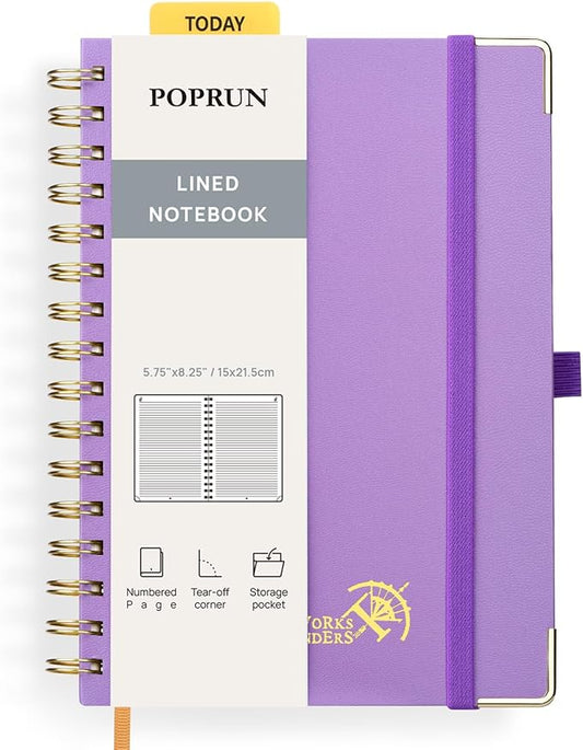 POPRUN Lined Spiral Journal Notebook, [A5-5.75'' x 8.25''] - 120 GSM Thick Paper, 144 Numbered Pages, College Ruled Notebook for Men & Women with Pocket, Index Tabs, 8 Perforated Sheets, Violet