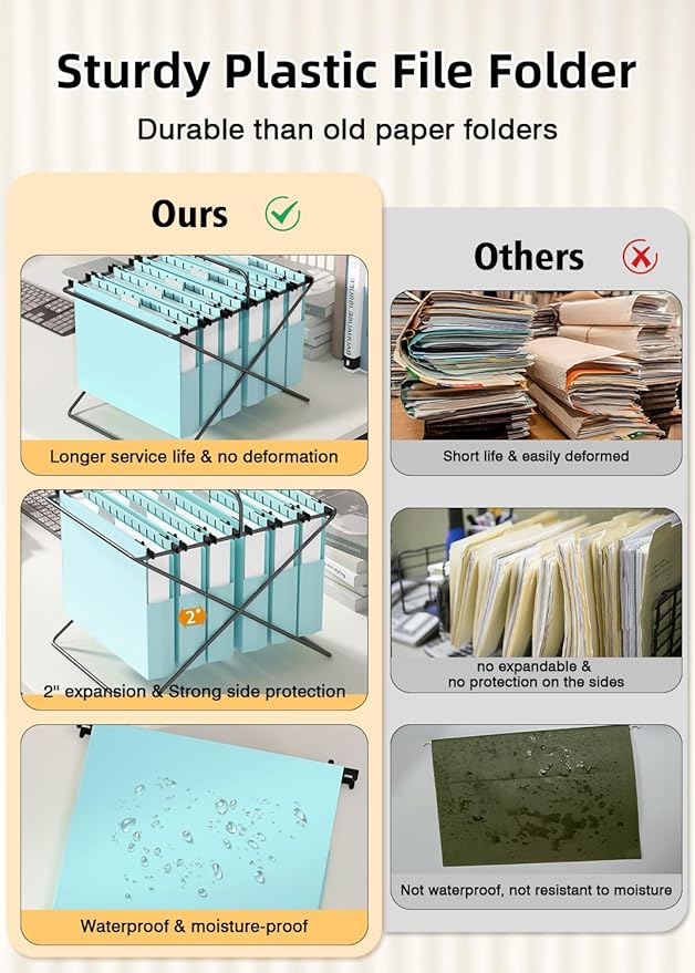 Extra Capacity Plastic Hanging File Folders, 12 Pack Reinforced Hang Folder, Heavy Duty 2 Inch Expansion, Filing Cabinet Folders Letter Size for Bulk Files/Medical Charts(Haze Blue)