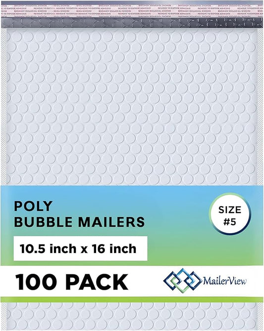 White 10.5x16 Inch Large Poly Bubble Mailers #5 | Padded Envelopes with Self Seal | Air Lined Cushioned Bubble Mailer | Usable Size 10.5x15 | 100 Pack Bulk | Lightweight shipping Bags