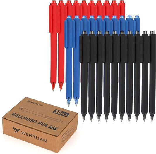 WY WENYUAN Pens Bulk, 30-Pack Black & Red & Blue Ballpoint Pens (1.0mm Medium Point) - Smooth Writing No-Smear Click-Type Bulk Pens for School,Corporate,Journals