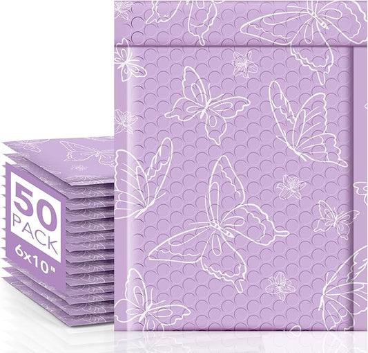 Metronic Bubble Mailers 6x10" 50 Pack Usable Size 6x9,Waterproof Mailing Padded Envelopes for Small Business,Cushioning Bubble Wrap Mailer Bags,Shipping Envelopes for Gift,Small Items Purple Butterfly