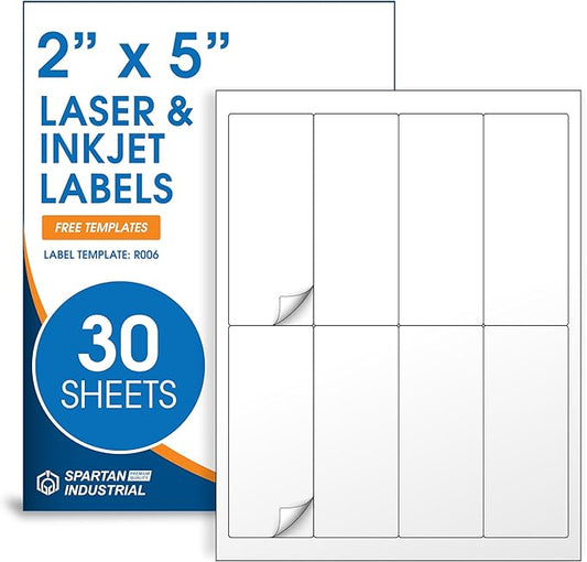 2" X 5" Matte White Printable Labels for Inkjet and Laser Printers - 30 Sheets, 240 Total Custom Stickers for Name Tags, Address Labels, Shipping and Mailing - Spartan Industrial Template R006