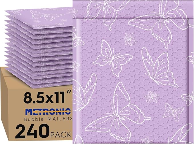 Metronic Bubble Mailers 8.5x12" 240 Pack Usable Size 8.5x11,Waterproof Mailing Padded Envelopes for Small Business,Cushioning Bubble Wrap Mailer Bags,Shipping Envelopes for Gift,Small Items Butterfly