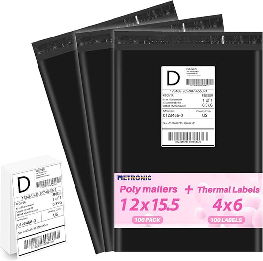 Metronic Poly mailers 12x15.5'' 100pcs with 4x6 Thermal Labels 100 Labels, Strong Adhensive Shipping Bags for Clothing,Waterproof Shipping Envelopes Mailing Bags for Small Business,Black