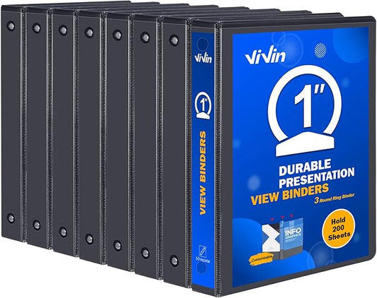 3 Ring Binder 1 Inch, ViVin Sturdy 1"-Round Ring Binder with 2 Interior Pockets, Clear View Cover, PVC-Free, Fits 200 Sheets of 8.5'' x 11'' Paper, Office Home School (8 Pack, Black)