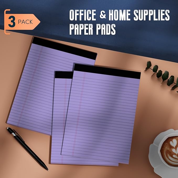 Purple Legal Pad 8.5 x 11 Wide Ruled Note Pads, 3 Pack Notepads 8.5 x 11 Lined Paper Wide Ruled Writing Pad, 30 Sheets Per Note Pad, Micro Perforated Colored Legal Pads 8.5 x 11 for Work/School/Office