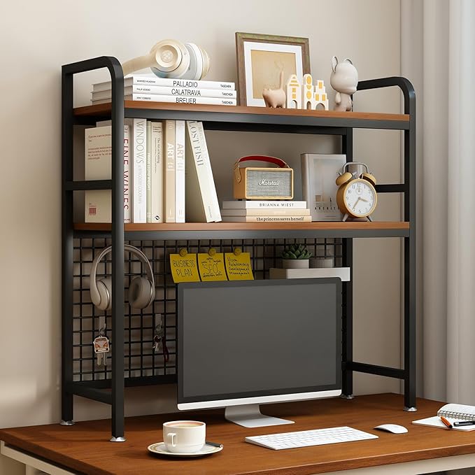 IOTXY 2-Tier Desktop Hutch Bookshelf - Metal Desk Shelf Bookcase with Grid Panel, Countertop Storage Organizer Rack for Dorm or Office, Black, 37.4" W