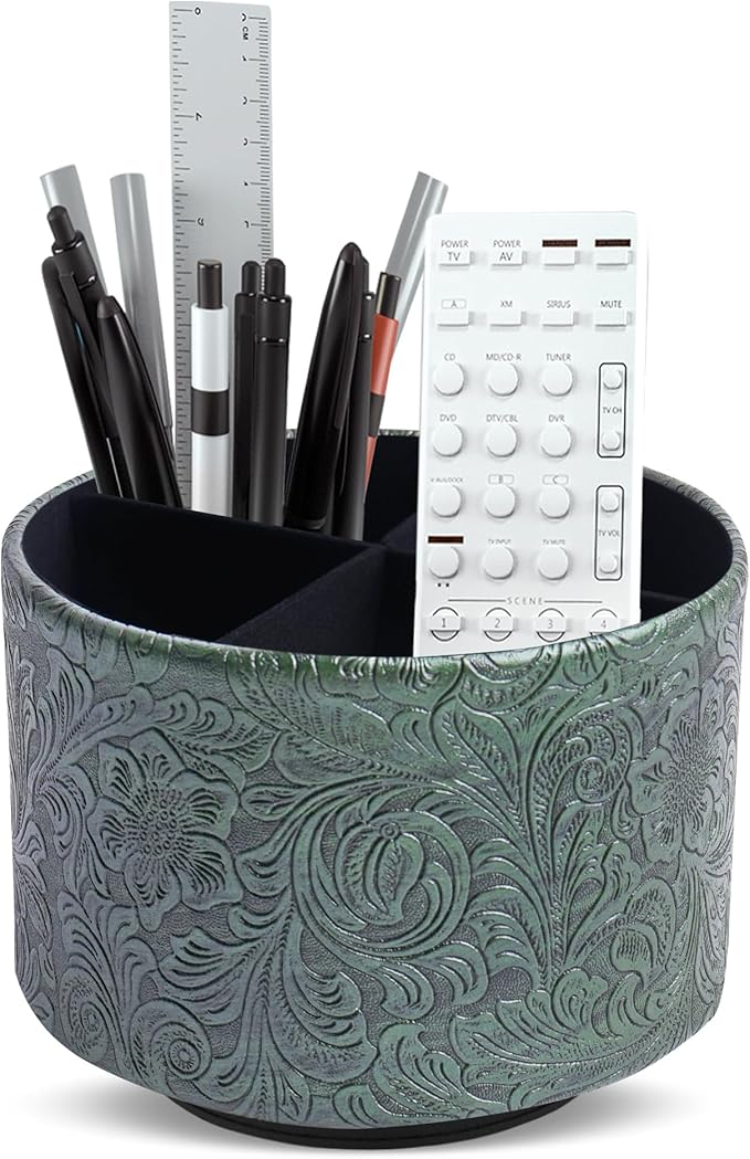 lizimandu Round Leather Art Supply Organizer,Remote Control Holder,360 Degree Spinning,Multi-Functional Pencil Holder,4 Compartments Desktop Stationary Organizer(1-Carved Metal Green1)