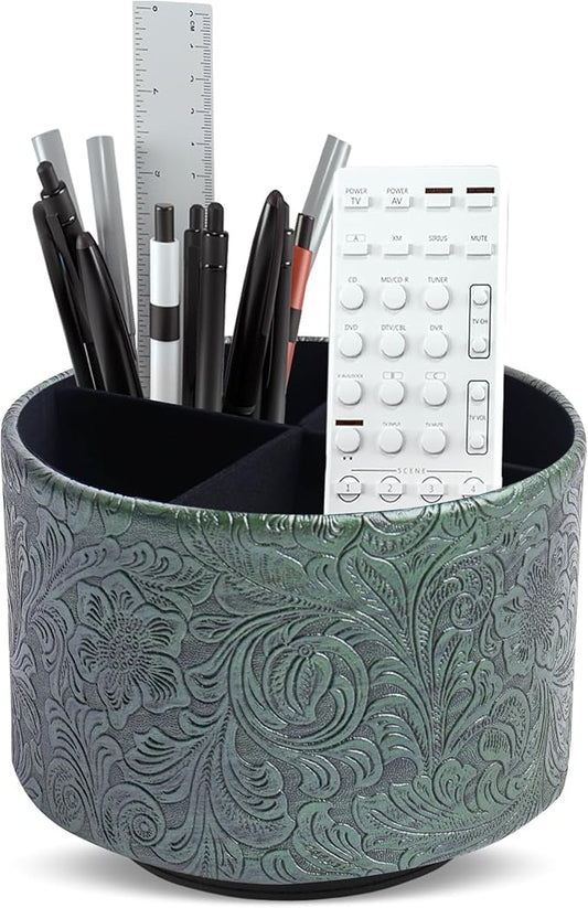 lizimandu Round Leather Art Supply Organizer,Remote Control Holder,360 Degree Spinning,Multi-Functional Pencil Holder,4 Compartments Desktop Stationary Organizer(1-Carved Metal Green1)