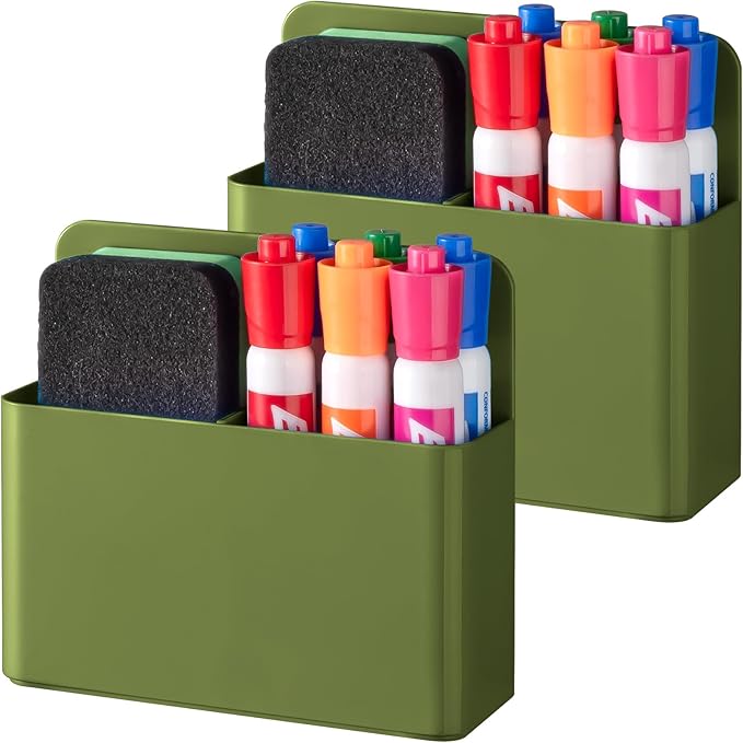BEYGORM 2 Pack Plastic Magnetic Pen Holder for Refrigerator, Dry Erase Marker Holder for Whiteboard，Magnet School Locker Organizer Accessories, Pencil Cup, Pen Caddy (Army Green)