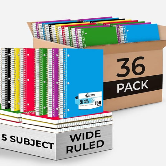 Rosmonde 36 Pack Spiral Notebook, 5 Subject, Wide Ruled, 300 Pages/Book (150 Sheets), 8 x 10-1/2", Bulk School & Office Spiral Notebooks, Sturdy Spiral Journal Notebook, Soft Cover, Assorted Colors