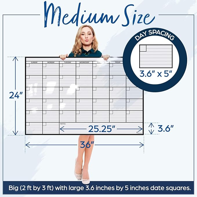 (2 PK) Large Dry Erase Calendar for Wall, 24x36, Large Wall Calendar Dry Erase, Big White Board for Office, Home & School, Giant Erasable Whiteboard, Jumbo Monthly Undated Reusable White Board Planner