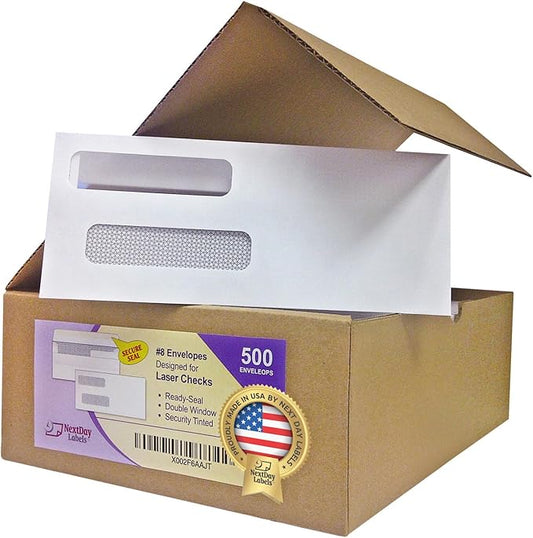 NextDayLabels #8 Double Window Check Envelopes - 500 Pack Ready-Seal Business Envelopes with Security Tint - Self-Sealing Envelopes with Window for Laser Printed Checks - Made in USA
