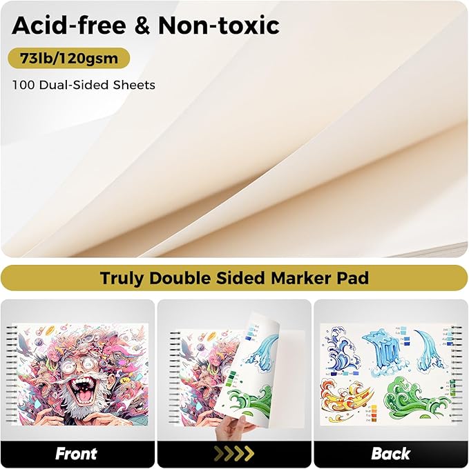 Soucolor 100 Sheets Marker Paper Pad, 9"x12" Bleedproof Art Sketch Pad, 73lb/120gsm Drawing Paper Spiral Sketch Book, Alcohol Marker Paper Painting Coloring Paper for Beginners, Artists, Kids